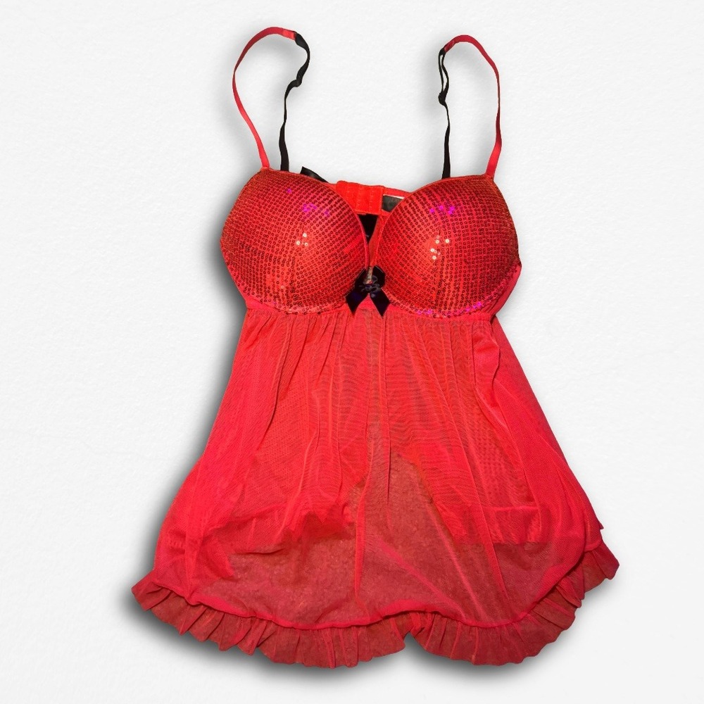 Red Sequin Babydoll Chemise Lingerie Sheer Mesh Ruffle Hem Black Satin Bow‎